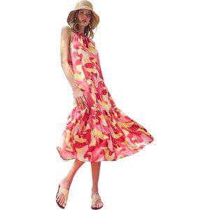 Ming Wang NWT $270 Abstract Print Crepe De Chine Flounced Halter Dress, Size M